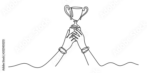 Foto Two hands holding up a trophy, single line drawing, symbol of victory and achiev