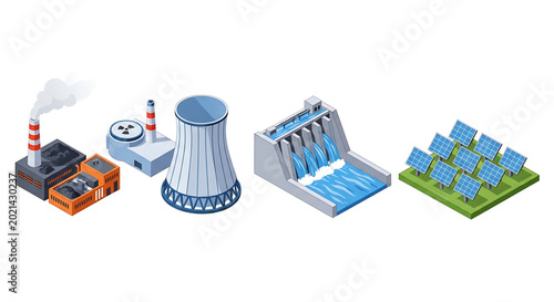 Set of isometric power plant icons including coal, nuclear, hydroelectric and solar energy stations
