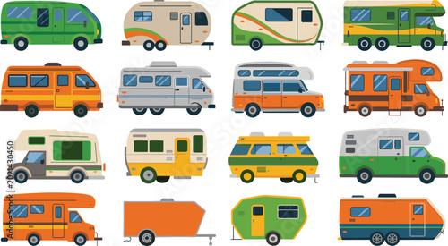 Fotografija Recreational Vehicle Icon Set with Various Camper Vans, Motorhomes, and Travel T