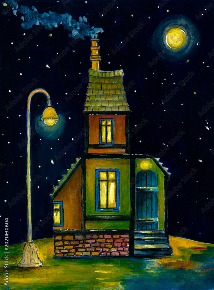 Obraz premium Original acrylic painting of a cozy house at night with glowing windows, street lamp and full moon in starry sky. Whimsical fairy tale illustration style artwork.