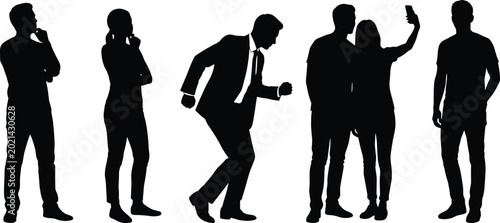 Foto Black silhouette figures of people walking carrying bags and briefcases in a row