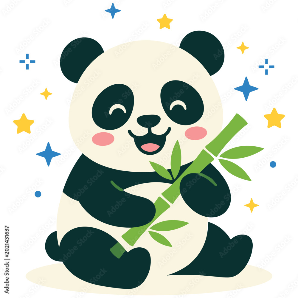 Obraz premium Cute cartoon panda holding bamboo stick with stars around it.
