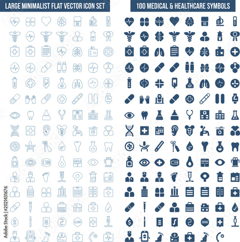 Comprehensive minimalist vector icon set featuring 100 medical and healthcare symbols for design and communication