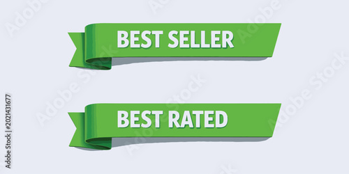 Promotional Green Ribbon Labels with Best Seller and Best Rated Typography