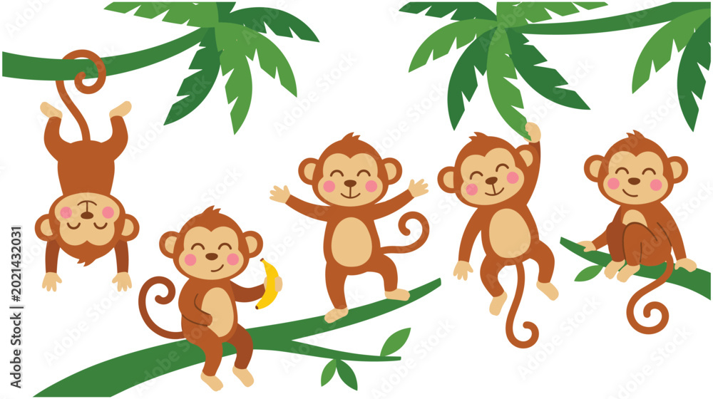 Obraz premium Five playful monkeys hanging on tree branches with palm leaves.