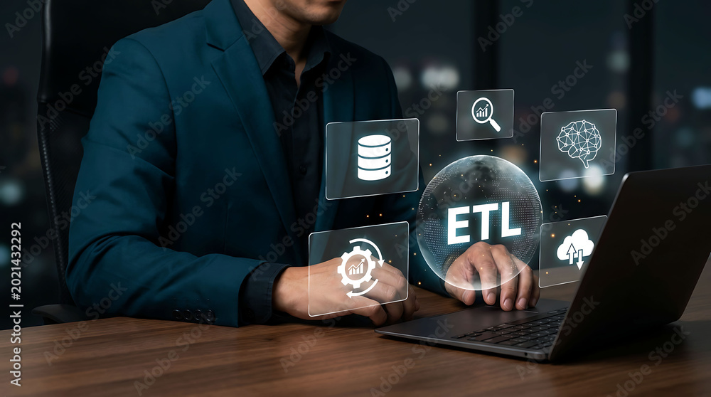 Naklejka premium Businessman working on ETL data integration process using laptop and digital icons