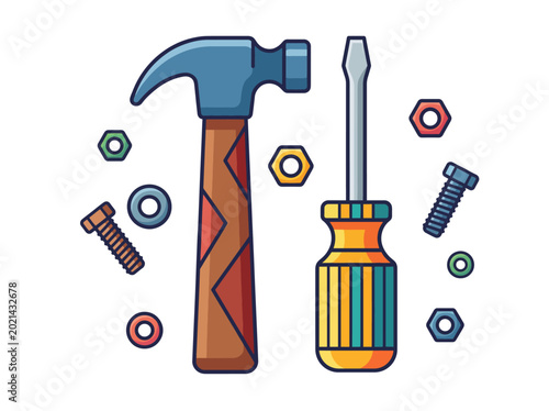 Quadro su tela An illustrative depiction of essential tools including a hammer, screwdriver, screws, and nuts, representing craftsmanship, DIY projects, and precision in construction tasks