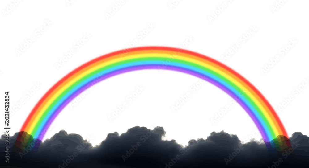 Fototapeta premium Vibrant rainbow arching over dark stormy clouds with white background symbolizing hope and beauty in nature