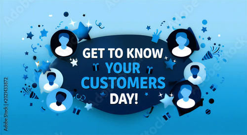 Colorful get to know your customers day celebration with icons and festive decorations