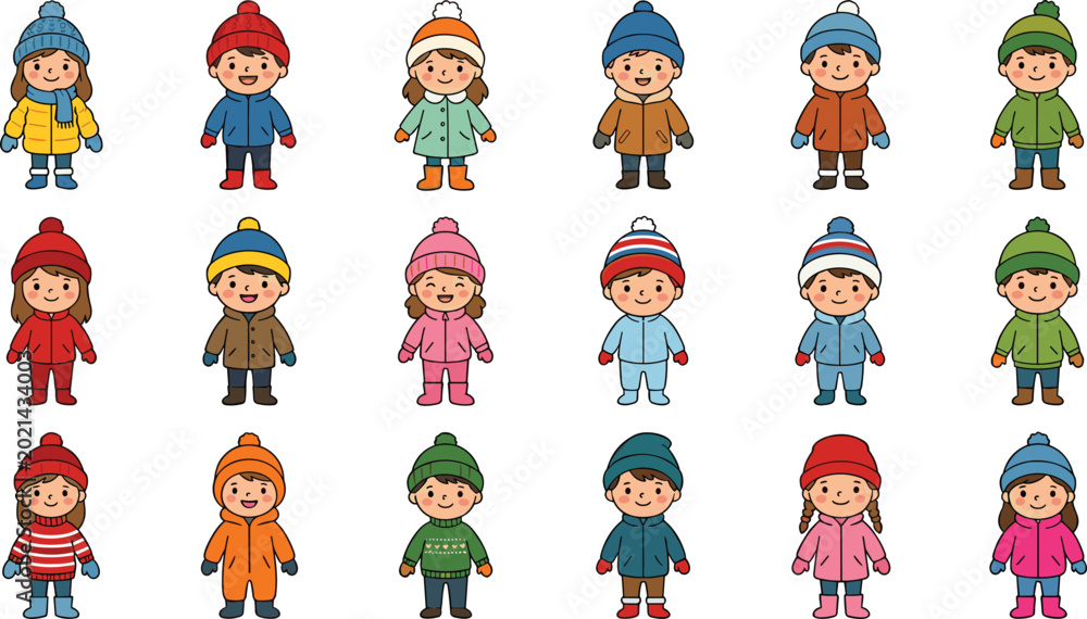 Fototapeta premium Cute Cartoon Kids in Winter Clothes Vector Set Featuring Happy Children Wearing Warm Coats Hats and Scarves for Seasonal Holiday Graphic Designs