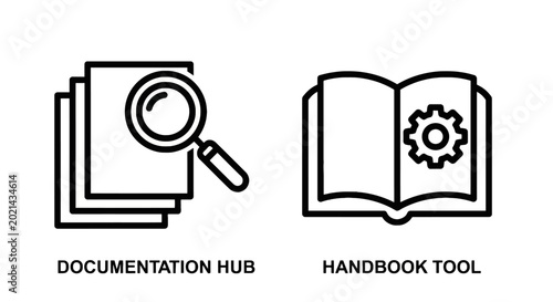 Documentation hub and handbook tool icons for technical guides and resource management with documentation handbook resource management technical