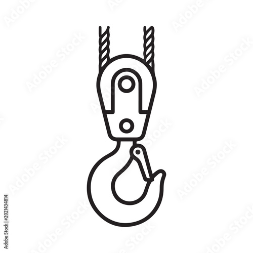 Quadro su tela Minimalist black and white line art icon of an industrial crane hook with safety latch for heavy lifting and construction