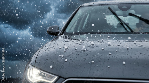 Car in rain with hailstones on windshield during a stormy weather  