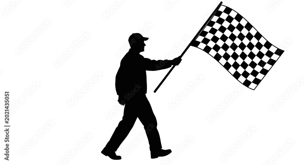 Fototapeta premium Man in silhouette walking and waving a checkered flag symbolizing victory and success in a racing or competitive event
