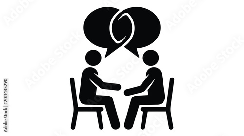 Simple bold icon for two people sitting in chairs talking to each other in speech bubbles