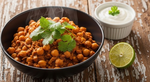 Spicy chickpeas in a black pan with lime and herbs on wooden table