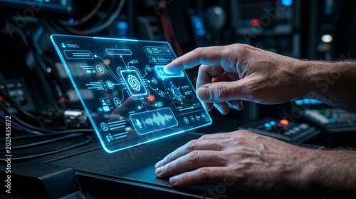 Hands interacting with digital cybersecurity interface on transparent touchscreen display in dark server room