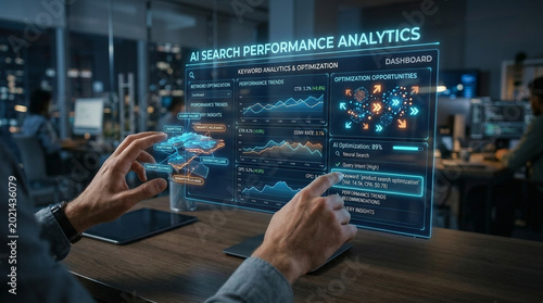Hands interacting with AI search performance analytics hologram display in office setting