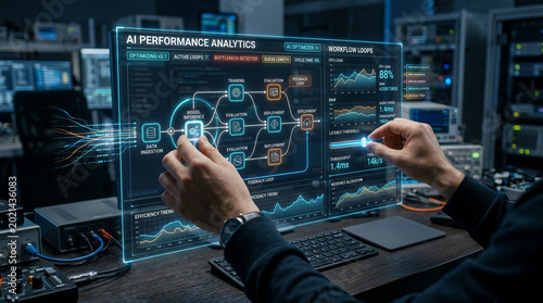 Hands interacting with digital AI performance analytics dashboard on transparent screen in server room