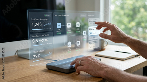 Hand adjusting transparent digital dashboard displaying productivity metrics on office desk
