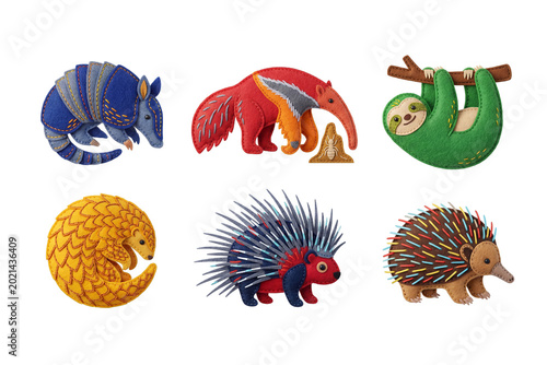 Canvas Print Set of exotic wild animals in felt craft style featuring armadillo, anteater, sloth, pangolin, porcupine, and echidna isolated on white
