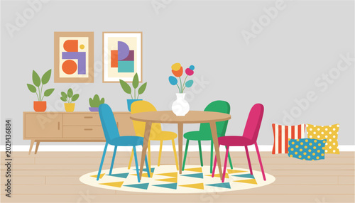 Foto Colorful dining room set with chairs and table in a cheerful home setting