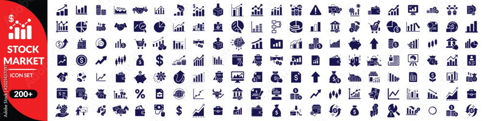 Fototapeta premium Stock market icon set. Containing stocks, stock exchange, financial goal, shares, investment, bull market, bear market and investment icons. Solid icon collection. Stock market big icon set design