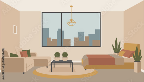 Quadro su tela Modern living room with large windows showing city skyline view and cozy seating