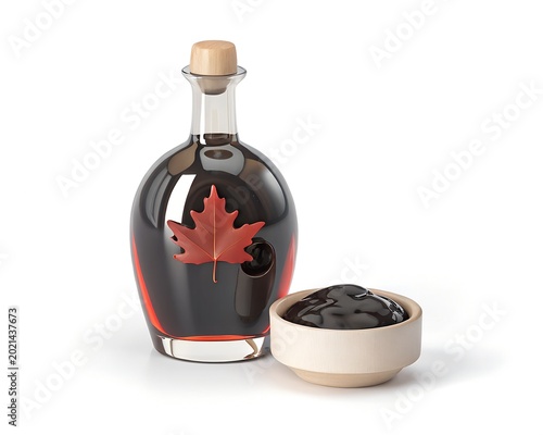 Maple syrup glass bottle with wooden cork and bowl of dark syrup on white background