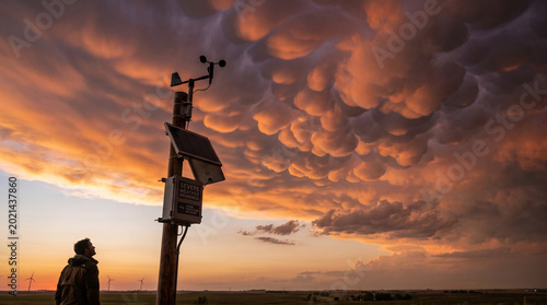 Weather observer looking up at mammatus clouds during sunset  
