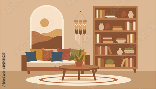 Tableau sur toile Cozy living room interior with sofa, armchair, bookshelf and warm sunlight throu