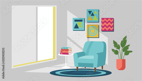 Foto Cozy corner with armchair, books, and decorative wall art near large window
