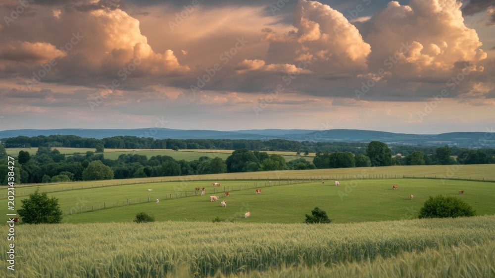 Fototapeta premium Picturesque green rolling hills under a dramatic sunset sky with clouds