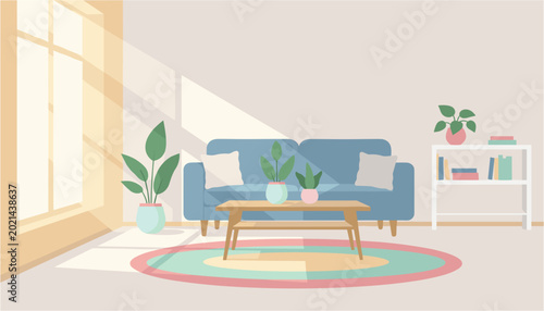 Konstfotografi Cozy modern living room with blue sofa and wooden coffee table near large window