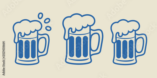 Fotografía Set of three blue beer mugs with foam outline sketch vector illustration