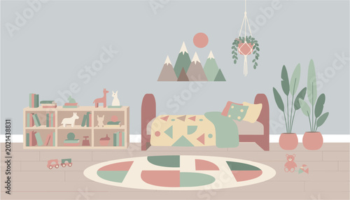 Konstfotografi Colorful children's playroom with geometric rug and bookshelf filled with toys a