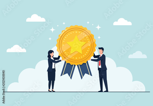 Foto Business people holding giant golden medal award symbol demonstrating corporate achievement recognition excellence success and professional rewarding performance