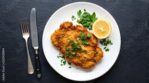 Crispy fried chicken breast on a white plate with lemon and herbs