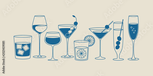 Konstfotografi Set of various alcoholic cocktail glasses with different drinks and garnishes ou