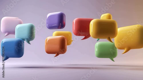 Floating speech bubbles in different colors animate the area with dynamic shapes, illustrating communication and conversation in a lively way.