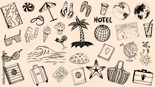 Foto hand drawn travel doodles and illustrations with hotel text on a beige backgroun