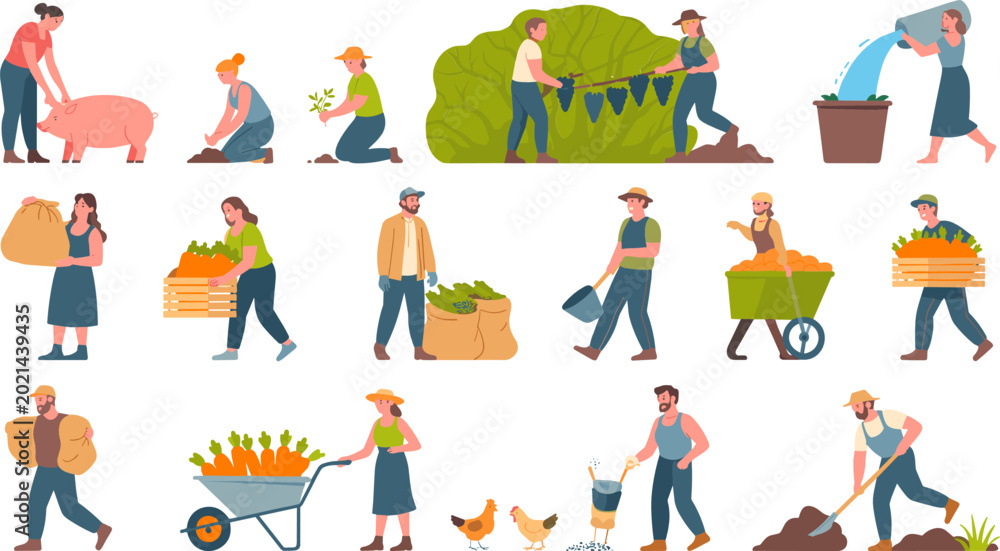 Fototapeta premium Agricultural Farmers and Gardeners Character Vector Set with People Harvesting Crops, Feeding Livestock, and Working on Farm for Ecology Layout Designs