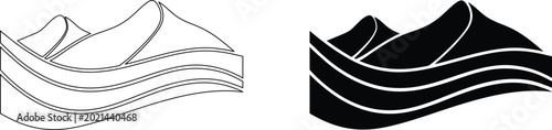 Waves and mountains vector set black and outline, abstract nature landscape design element.