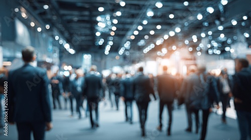 Blurry businesspeople walking in modern brightly lit conference hall