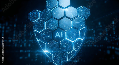 Glowing blue AI artificial intelligence shield with hexagonal pattern and circuit board design