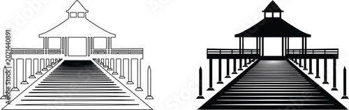 Bild auf Leinwand Beach gazebo and pier outline and filled shape vector illustration for summer vacation designs