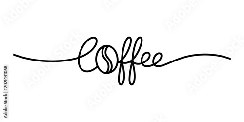 Continuous single line drawing of the word coffee with a bean icon integrated into the lettering for a simple minimalist cafe design element Vector, illustration