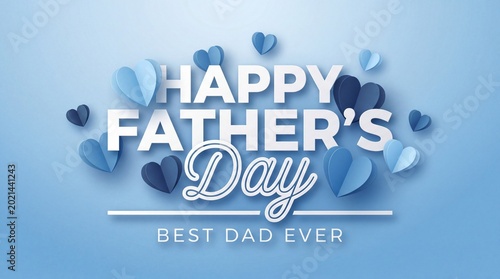 Happy Father's Day Best Dad Ever Greeting with 3D Paper Cut Hearts on Blue Background, High Quality 4K