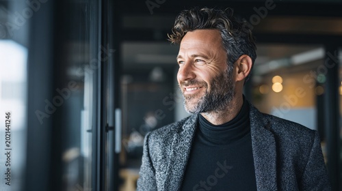 Smiling mature businessman looking away in modern office with soft lighting