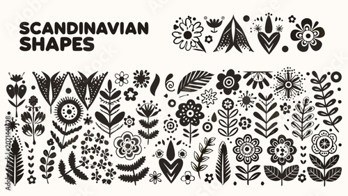 black floral and leaf arrangement scandinavian inspired botanical vector illustration on a white background